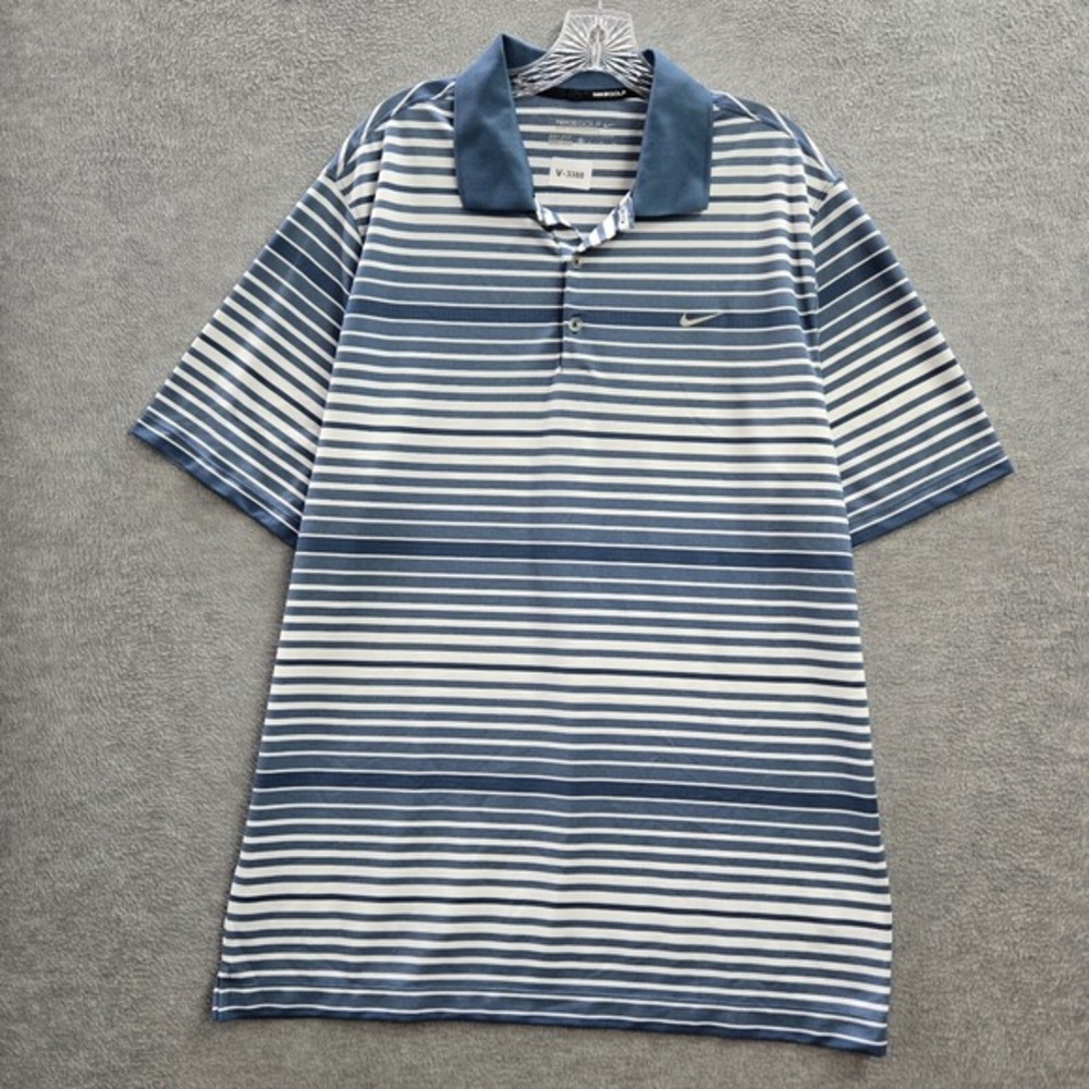 Nike Golf Men Polo Shirt XL Blue Striped Golf‎ Tour Performance Logo Swoosh